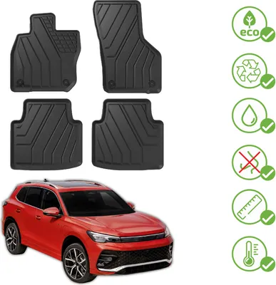 Produktbild von J&J AUTOMOTIVE | EKO Gummimatten Gummifußmatten Für Volkswagen Tiguan 3 Ab 2024, Schwarz, Anti-Rutsch, Ohne Geruch, mit Tunnel, Allwetter, Rand 3cm, Set 4-Teilig, mit Befestigungen