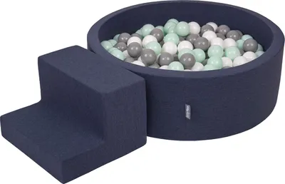 Produktbild von KiddyMoon spielplatz aus schaumstoff mit rund bällebad (200 bälle) ballgruben für babys spielbad hindernisläufen, hergestellt in der eu, dunkelblau:weiß/grau/minze
