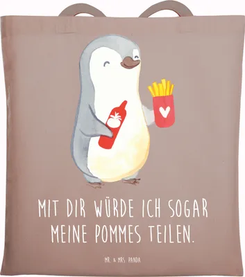 Produktbild von Mr. & Mrs. Panda Jutebeutel Pinguin Pommes - Braun Pastell - Geschenk, für Freundin, Tragetasche, Schultasche, Tote Bag, Valentinstag, Freund, Hochzeitstag, Laptoptasche