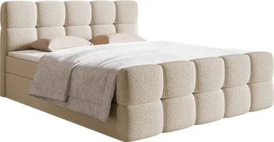 Produktbild von Selsey Boxbett Cloudy, 180x200 cm, hellbeige, mit 15cm Bonellfederkernmatratze, 5cm Polyurethanschaum-Topper, Bouclé-Stoff Legend und zwei Bettkästen mit federunterstützter seitlicher Öffnung.