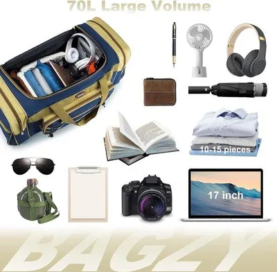 Produktbild von Reisetasche 70 Liter, großes Handgepäck, Sporttasche, Umhängetasche, Sporttasche, Handgepäck, Koffer, Kabinentasche, Wochenendtasche, Koffer, Handtasche für Camping, Reisen, schwarz (70 l)