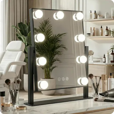 Zdjęcie produktu dla Lustro do makijażu Hollywood czarne make-up 30.5x30cm 9 LED barwa światła
