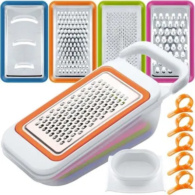 Produktbild von Unyqoos® Gemüseschneider-Set (4 Stück) – Multifunktionaler Spiralizer, Würfler & Reibe mit Auffangbehälter, 5 Zitrusschäler & Messerhalter
