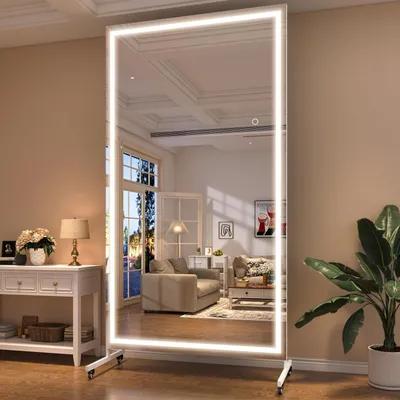 Immagine prodotto di Specchio a figura intera illuminato, dimensioni 200 x 100 cm, girevole, con rotelle, vetro temperato, illuminazione a LED