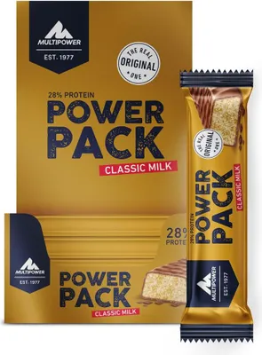 A product box and a single product bar for Multipower Power Pack Classic Milk.