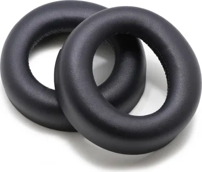 Two black ear pads for headphones are shown against a white background.