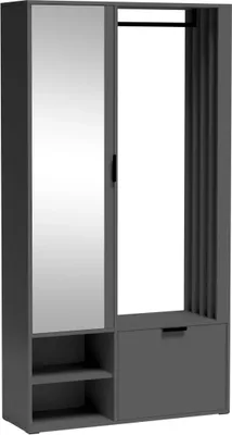 A dark gray entryway cabinet with a mirror and a hanging rod.