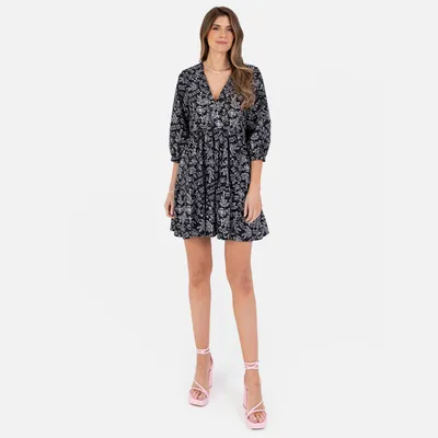 Produktbild von Lovedrobe Damen Kleid, knielang, mit langen, voluminösen Ärmeln, V-Ausschnitt und Wickeldesign vorne