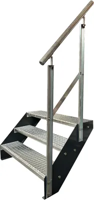 Produktbild von Gitterrost Stahl Wangentreppe 3 Stufen Verzinkt & Anthrazit Pulverlackierte Wangen + Geländer Rechts - (L x B x H) 63cm x 80cm x 57cm