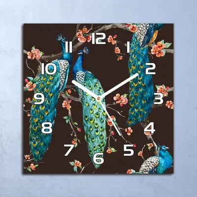 Produktbild von Deko Glasuhr Wanduhr 30x30 Pfauen und Blumen Quarz Küchenuhr Bürouhr