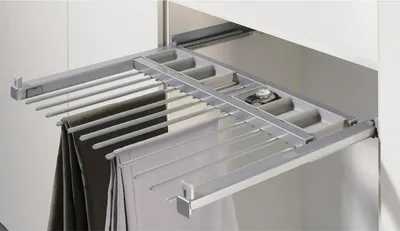 Produktbild von Hettich Schrank-Hosenhalter Amari 9132917 Li.Korpusb.600-700mm 10 Hosen,Stahl silber