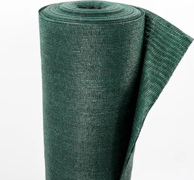 A roll of dark green shade netting is shown against a white background.