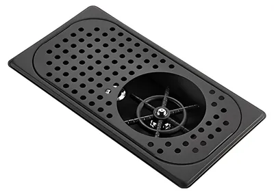 A black sink rinser with a perforated drain tray and a central rinser mechanism.