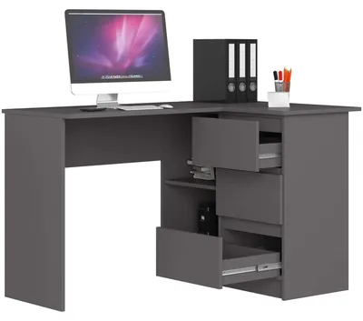 Image de Bureau d'angle 124 cm avec 3 tiroirs, en L, bureau d'ordinateur, meuble d'angle à 2 compartiments