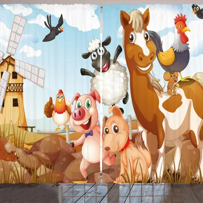 Produktbild von ARANDE Tier Gardine, Illustration von Tieren in einem Bauernhof mit bewölktem Himmel und Windmühle-Druck Art, 280 x 225 cm, Hellblau und Braun
