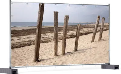 Produktbild von Wallario XXL Outdoor-Poster für Garten oder Balkon, Motiv Sandstrand mit Holzpfählen am Atlantischen Ozean, in ca. 340 x 173 cm