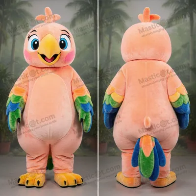 Produktbild von Plüsch-Papageien-Maskottchen MASTICOT im Cartoon-Stil mit Pfirsich-Optik