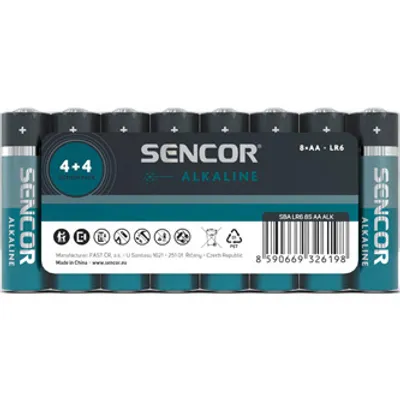 Obrázek produktu pro Alkalická baterie, AA (LR6), AA, 1,5 V, Sencor, fólie, balení 8 ks