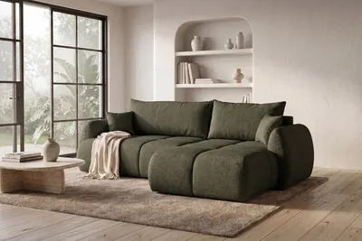 Image de Canapé d'angle Kaiser Möbel avec fonction convertible et coffre de rangement, revêtement en tissu Verita, couleur olive, configuration droite, modèle COCO
