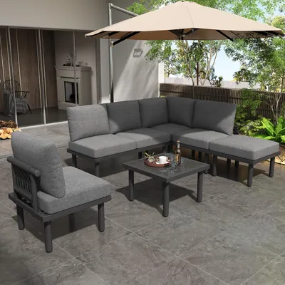 Produktbild von STILVORA Garten-Loungesessel-Set 6er-Set mit Glastischplatte, Gartenmöbel-Set mit verstellbaren Füßen, Sitzgruppe mit Sitz- und Rückenkissen, grau