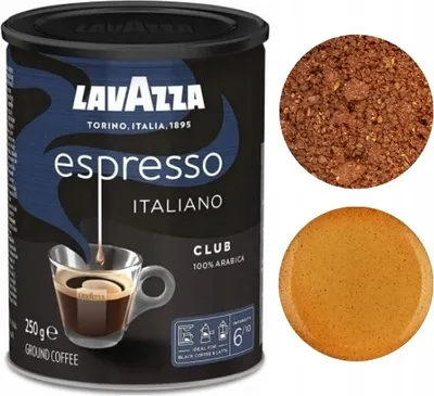 A can of Lavazza Espresso Italiano ground coffee is shown next to two circular samples of coffee.