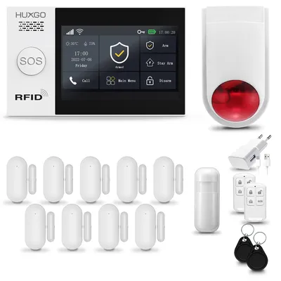 Immagine prodotto di HUXGO HXA007, sistema di allarme per la casa con Wi-Fi e GSM 4G, dotato di sirena wireless, sistema di allarme con 1 sensore PIR e 9 sensori per porte e finestre, ideale per appartamenti