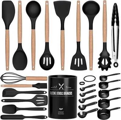 Produktbild von Küchenhelfer Set, 26 Stück Silikon Kochutensilien Kochbesteck, Hitzebeständiger Kochgeschirr mit Utensilienhalter, Antihaft Kochset Küchenutensilien Holzgriff, Tongs, Whisk, Spatula - Schwar