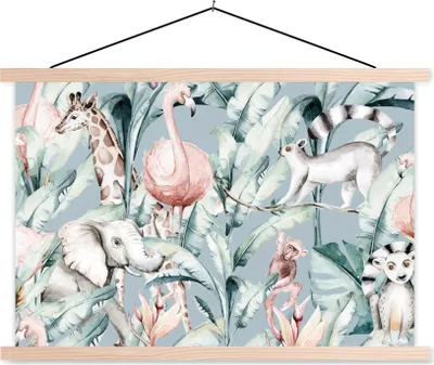 Produktbild von MuchoWow® Textilposter Aquarelle - Tiere - Dschungel - Farben - Jungen - Blau - Kinder - Kind 120x80 cm mit holzfarbenen Rahmen - Aufhängeset