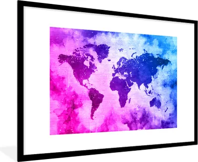 Produktbild von MuchoWow® MuchoWow® Gerahmtes Poster Weltkarte - Rosa - Lila 90x60 cm - Poster mit zchwarzem Bilderrahmen - Wanddekoration - Fotos