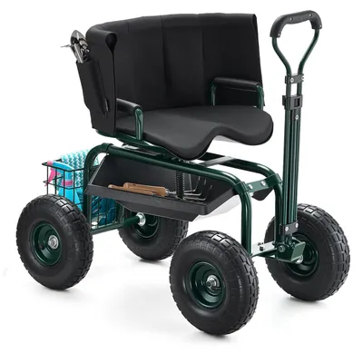 Produktbild von VEVOR Rollwagen mit drehbarem Sitz, strapazierfähiger Gartenstuhl mit Aufbewahrungskorb und Werkzeugablage, 300 lbs Tragfähigkeit, Outdoor-Gartenhocker-Scooter für Rasen, Gartenpflanzung und Unkrautjäten, Sitz (Mit Rückenlehne)