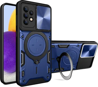 Produktbild von Handyhülle für Samsung Galaxy A72 Dual-Layer Stoßfest Rüstung Hülle mit Dia Kameraschutz und Kreisförmig Ring Ständer Blau