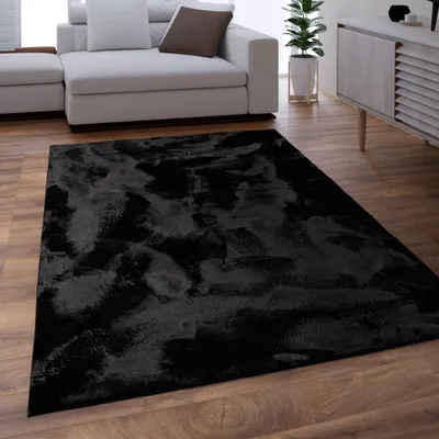 Produktbild von Teppich Wohnzimmer Kunstfell Shaggy Hochflor Waschbar In Waschmaschine Soft Uni Schwarz Grösse 140x200 cm
