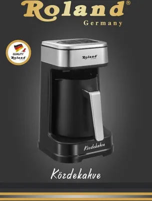 A Roland Germany Turkish coffee maker is shown against a dark, gradient background with promotional text and logos.