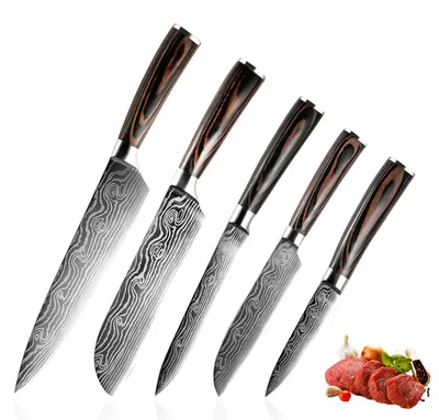 5-teiliges Kochmesserset, scharfe Edelstahlmesser, Pakkaholzgriffe