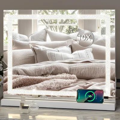 Produktbild von Puluomis Kosmetikspiegel 58x46 cm dimmbar mit LED Diamanten Design, 3 Farben Hollywood Spiegel, Schminkspiegel USB Type C Tischspiegel Wandspiegel