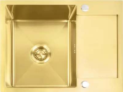 A top-down view of a gold sink with a drain and a separate compartment.