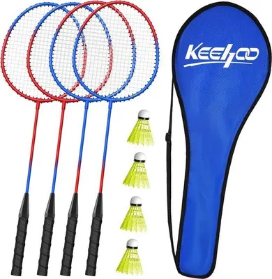 Produktbild von Famanu Badmintonset für Erwachsene und Kinder - 2 oder 4 Rackets mit Shuttles und Tragetasche