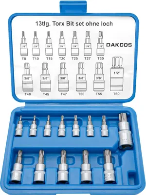 Immagine prodotto di Set di 13 chiavi a cacciavite Torx, misure 1/4", 3/8" e 1/2", set di inserti Torx T8-T60
