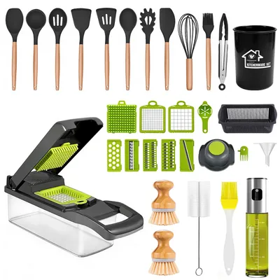 Produktbild von UnboxG Kompaktes Küchenwerkzeug-Set für Singles: 12-teiliges Küchenutensilien-Set + Ölsprüher + 2x Spülbürsten + 7-in-1 Multifunktions-Schneidegerät