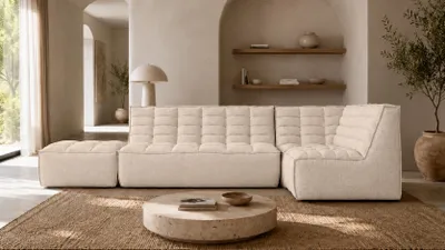 Produktbild von Kaiser Möbel Modulare Ecksofa L-Form mit Hocker, Plüschstoff Pop, Creme, Rechts, LAZY L mit Hocker