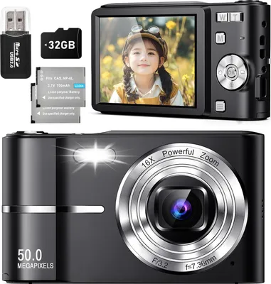 Digitalkamera, Fotokamera, 1080P 50MP Kamera mit 16X Digitalzoom, , Anti-Shake, Kompaktkamera, Kinderkamera mit 32 GB SD-Karte, 2 Akkus und Ladegerät