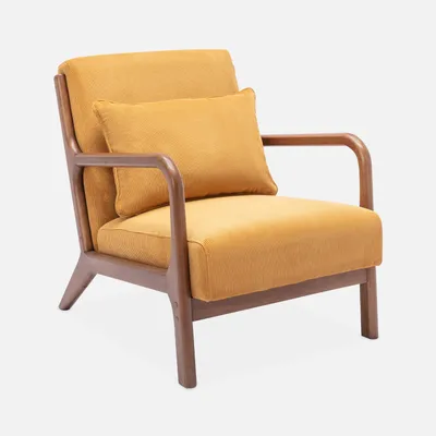 A single ocher cord armchair with a wooden frame, shown from a three-quarter angle against a light gray background.