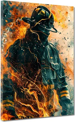 Produktbild von Feuerwehrmann in Flammen Leinwandbild Wandbild Kunstdruck XL Wanddeko: 90x120x2cm