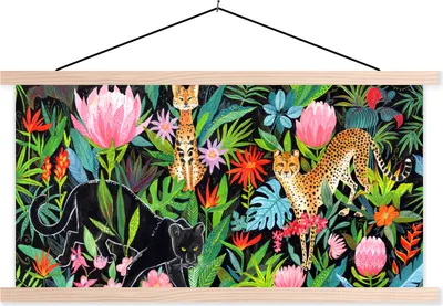 Produktbild von MuchoWow® Textilposter Dschungel - Tiere - Blumen 60x30 cm mit holzfarbenen Rahmen - Dekoration