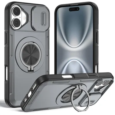 Image de Coque magnétique pour iPhone 16, coque de protection militaire résistante aux chocs avec protection pour l'appareil photo et anneau de fixation/support, gris