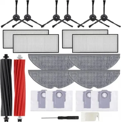 A collection of cleaning accessories for a robot vacuum cleaner, including brushes, filters, mop pads, and dust bags.