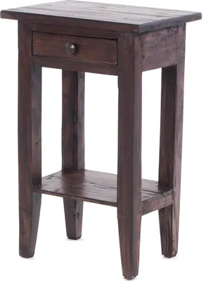 A dark brown wooden side table with one drawer and a lower shelf.