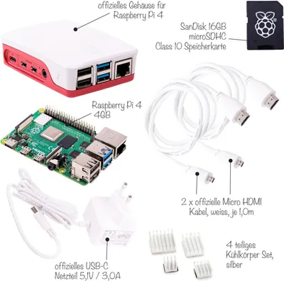 Produktbild von BerryBase Raspberry Pi 4 Computer Modell B, 4GB RAM Full Starter Kit weiß