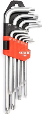 Zdjęcie produktu dla Yato YT-0511, Zestaw kluczy L-torx, T10, T15, T20, T25, T27, T30, T40, T45, T50, Srebrny, Stal chromowo-wanadowa, 1,5 cm, 7,2 cm