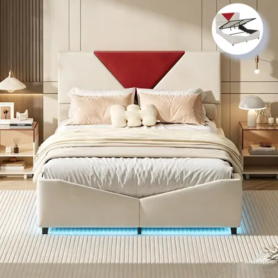 Image de Lit à lattes INONEFT 140x190 cm, lit tapissé avec espace de rangement hydraulique, lit double pour adolescents avec éclairage LED, en lin, en velours, beige/rouge